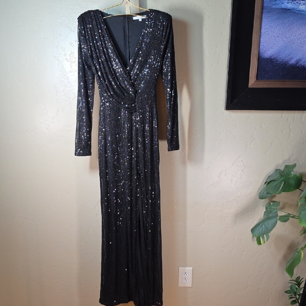 Baltic Born Zurich Formal Evening Gown Black Sequin Long Sleeve Maxi Dress Slit